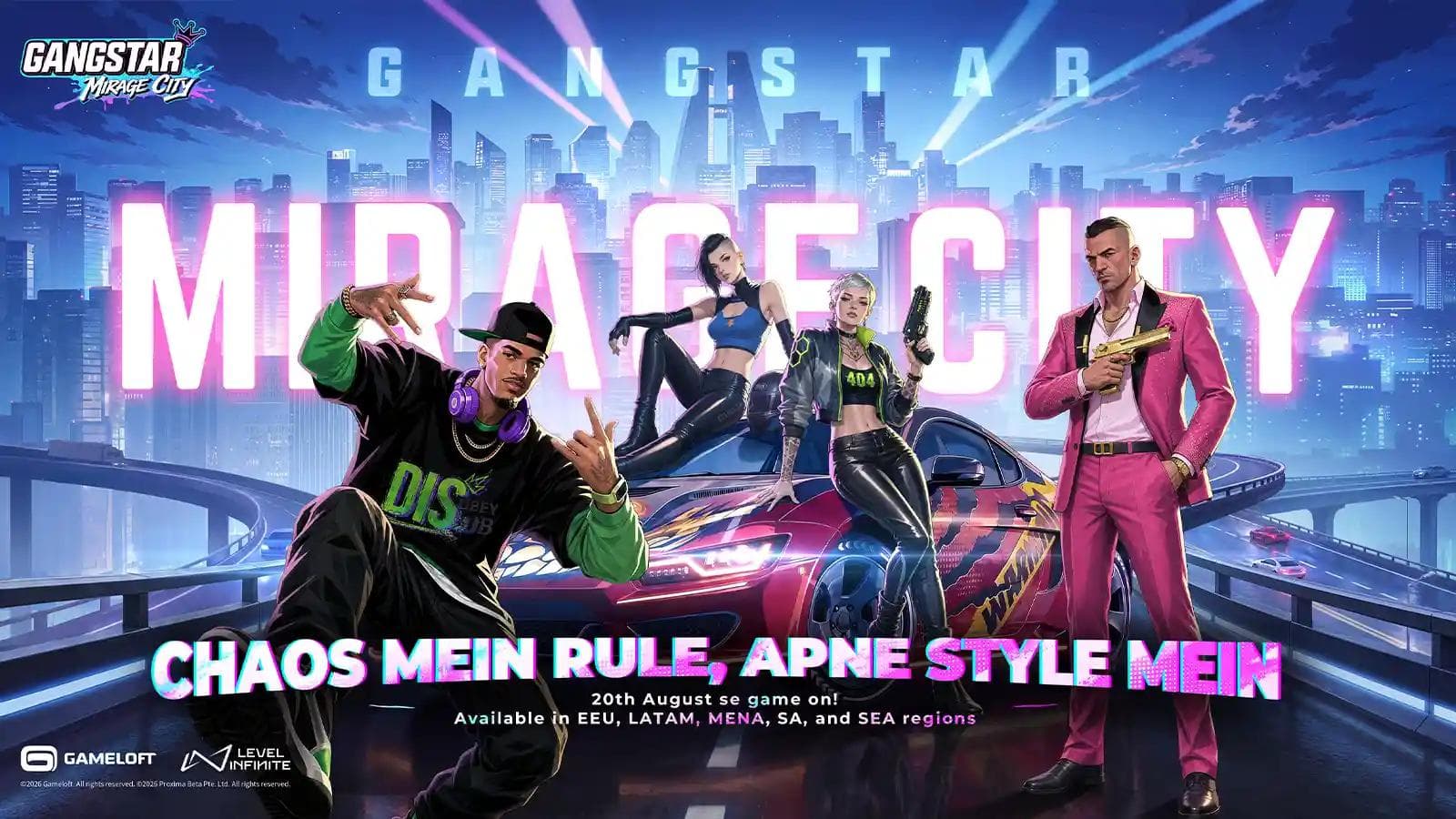 Gangstar Mirage City promotional artwork announcing pre-registration in India ahead of the August 20 soft launch