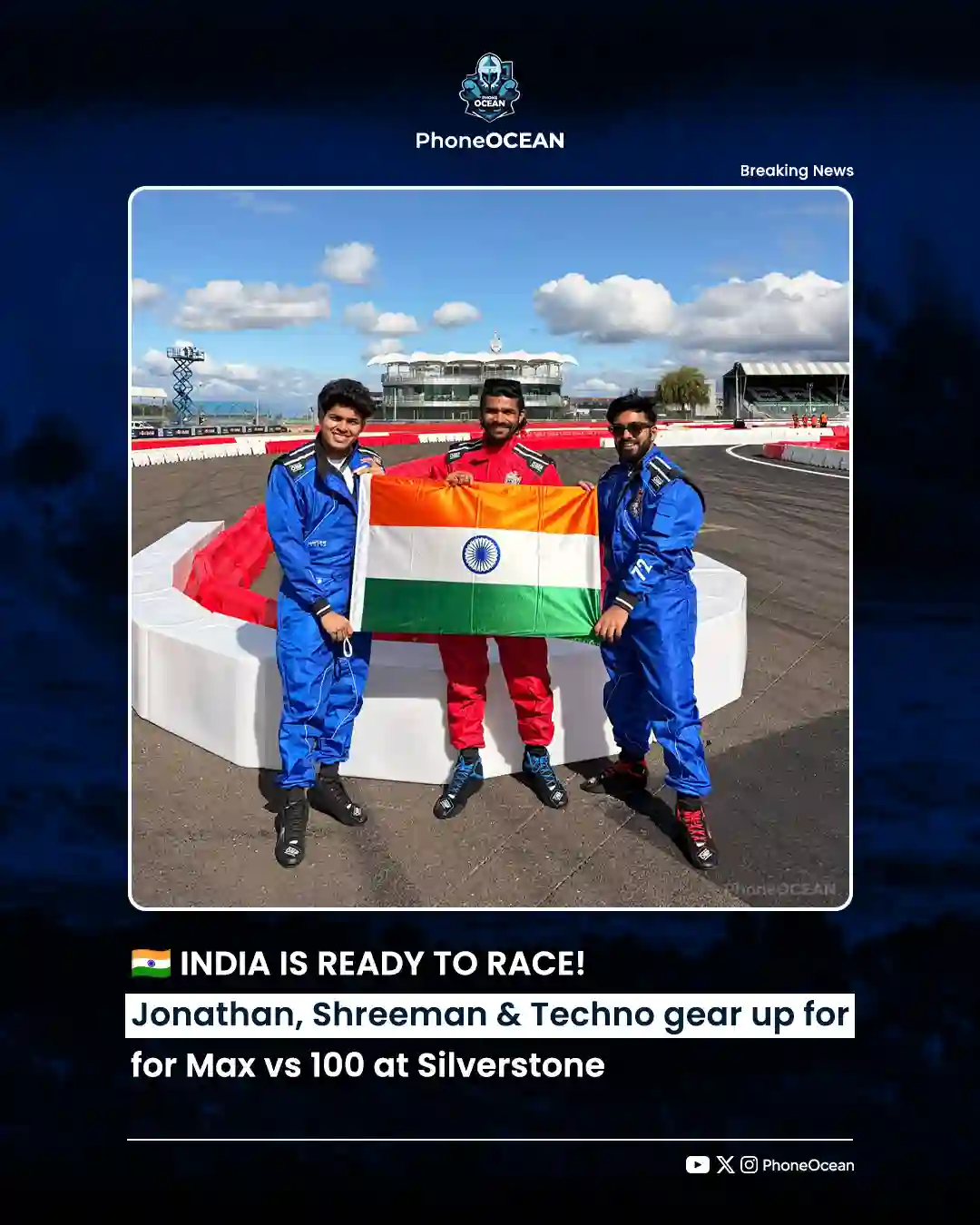 Jonathan Gaming, Shreeman Legend and Techno Gamerz hold the Indian flag at Silverstone