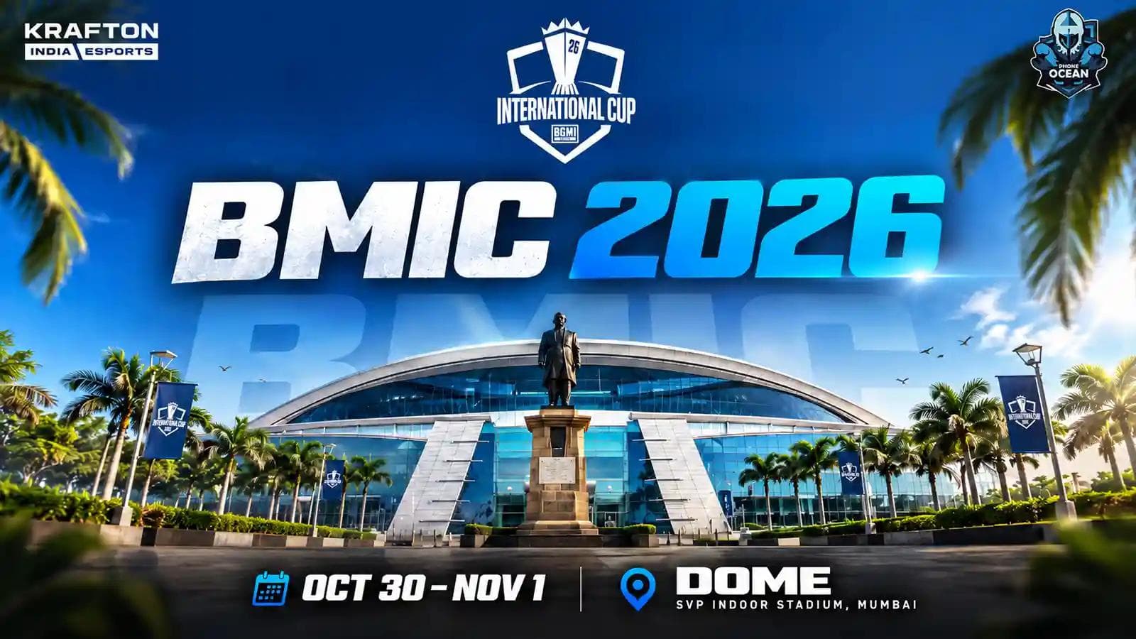 Official BMIC 2026 announcement featuring the Dome, SVP Indoor Stadium in Mumbai, host venue of the BGMI International Cup.