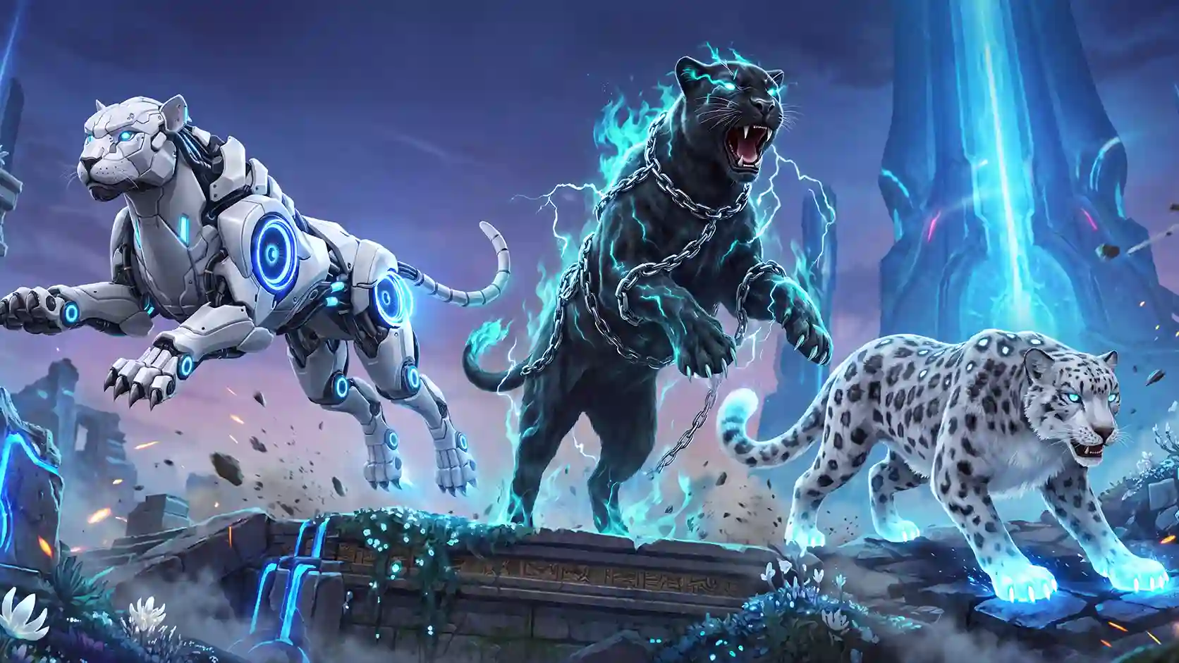 BGMI 4.6 Midnight Hunters featuring a robotic tiger, a supernatural black panther and a glowing white leopard