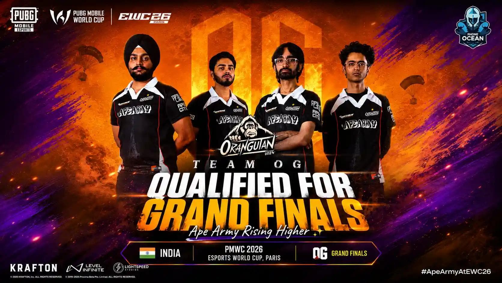 Team OG officially qualified for the PMWC 2026 Grand Finals at the PUBG Mobile World Cup (Esports World Cup 2026) in Paris.